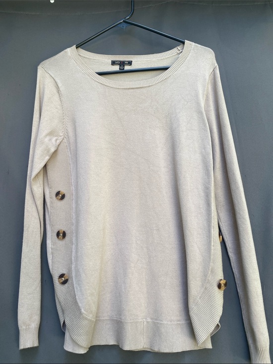 Lety & Me Tops - Light Beige Button-Detail Crewneck Sweater